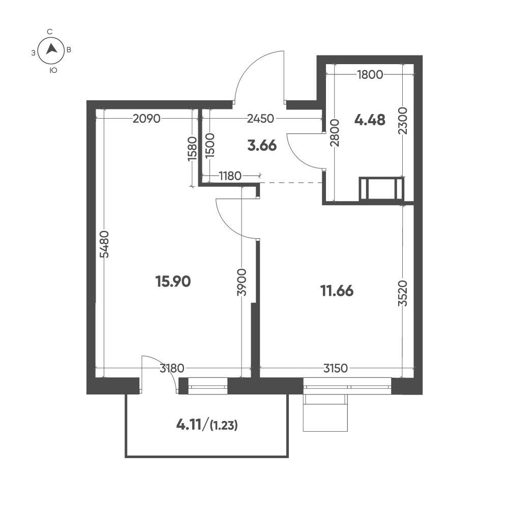 1-комнатная квартира, 36,93 м² в ЖК Кленовая аллея, планировка 1